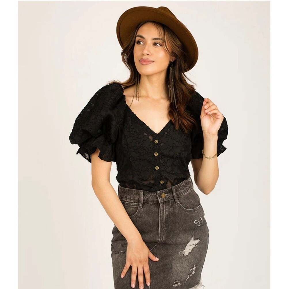Mia Joy Black Livia Top Jacquard Weave Puff Sleeve Crop Blouse XS